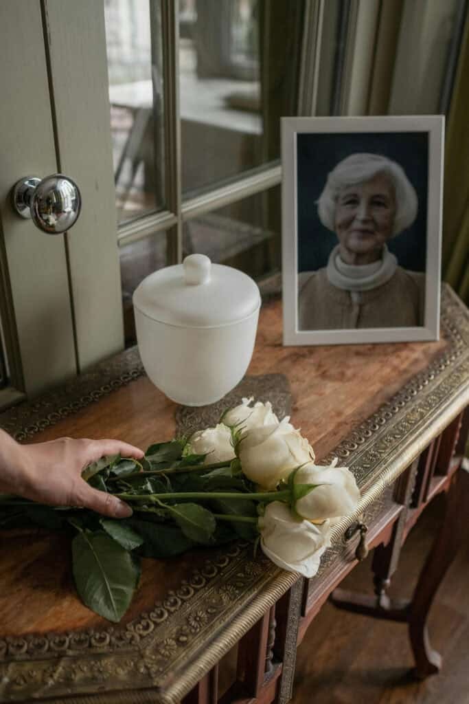 A hand places white roses on a wooden table next to a white urn and a framed photograph of an elderly woman.