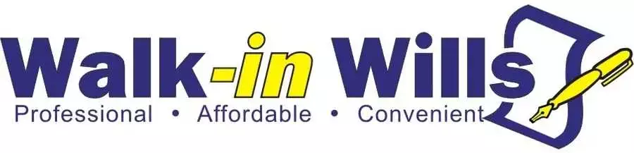 Logo for "Walk-in Wills" with the tagline "Professional · Affordable · Convenient" and a graphic of a fountain pen writing on paper.
