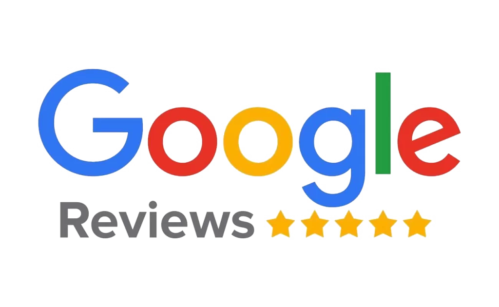 Google Reviews logo with the word "Google" in colored letters, "Reviews" in gray, and five yellow stars underneath indicating a five-star rating.