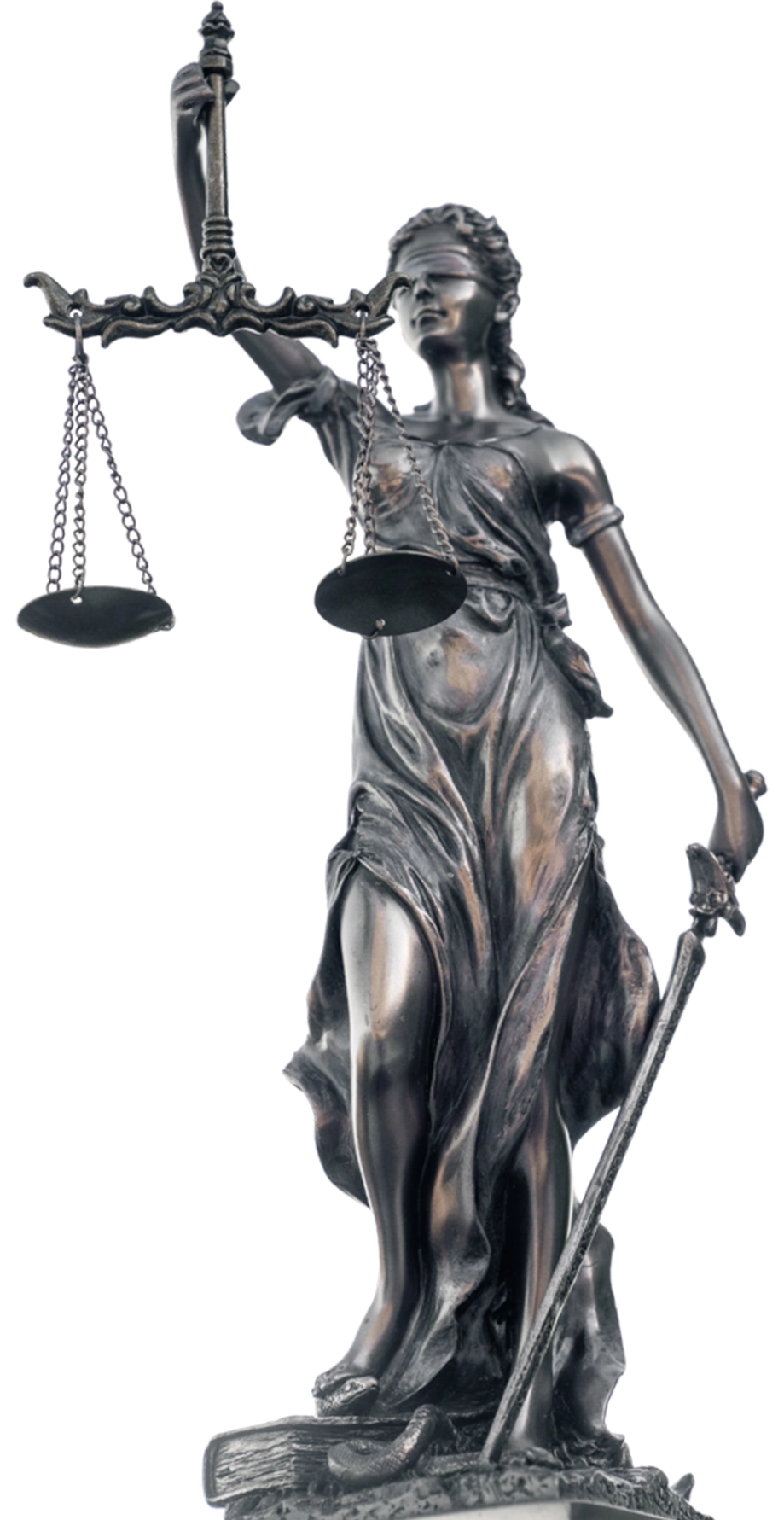 A bronze statue of Lady Justice holding scales in her left hand and a sword in her right, wearing a flowing robe and standing on a rectangular base.