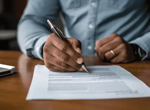 A person in a blue shirt is filling out or signing a document with a pen on a wooden desk.