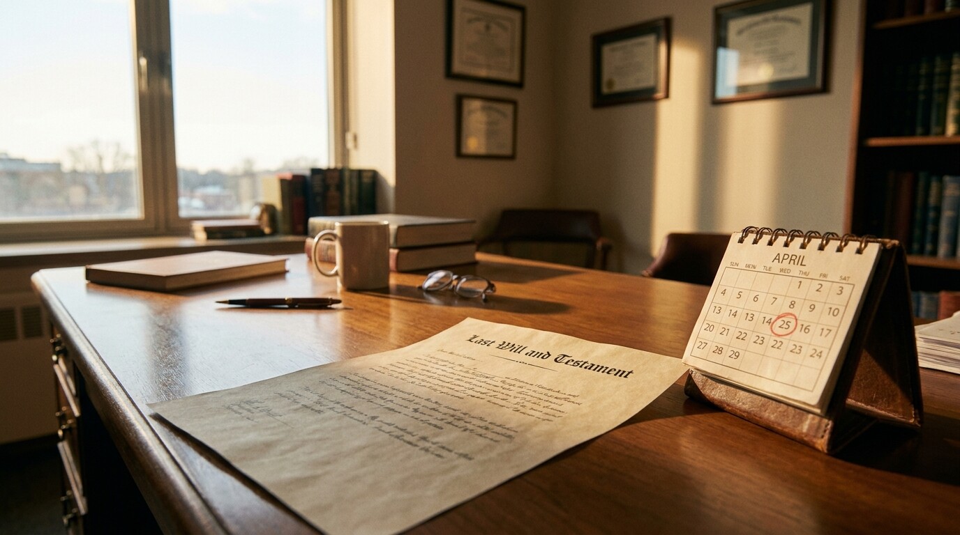 Last Will and Testament document on attorney desk beside April desktop calendar
