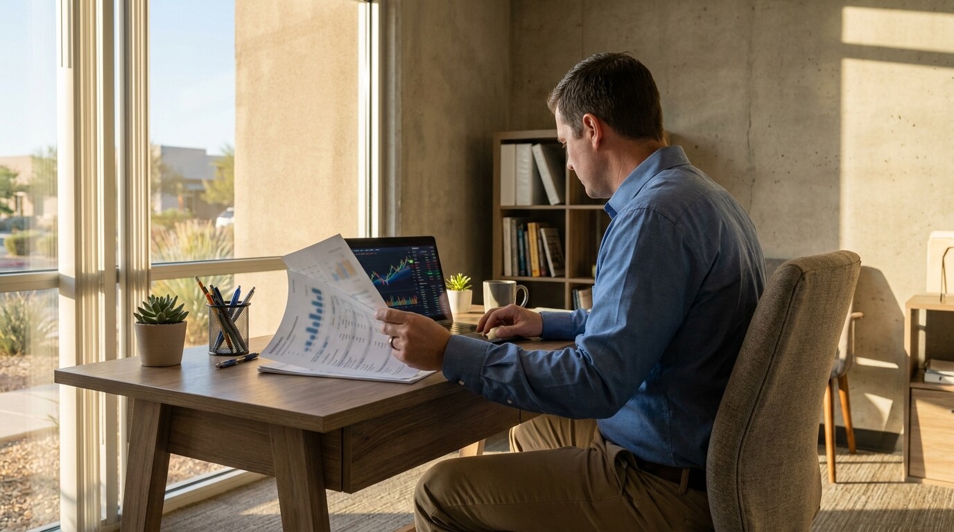 man reviewing financial chart documents while working on laptop at desk