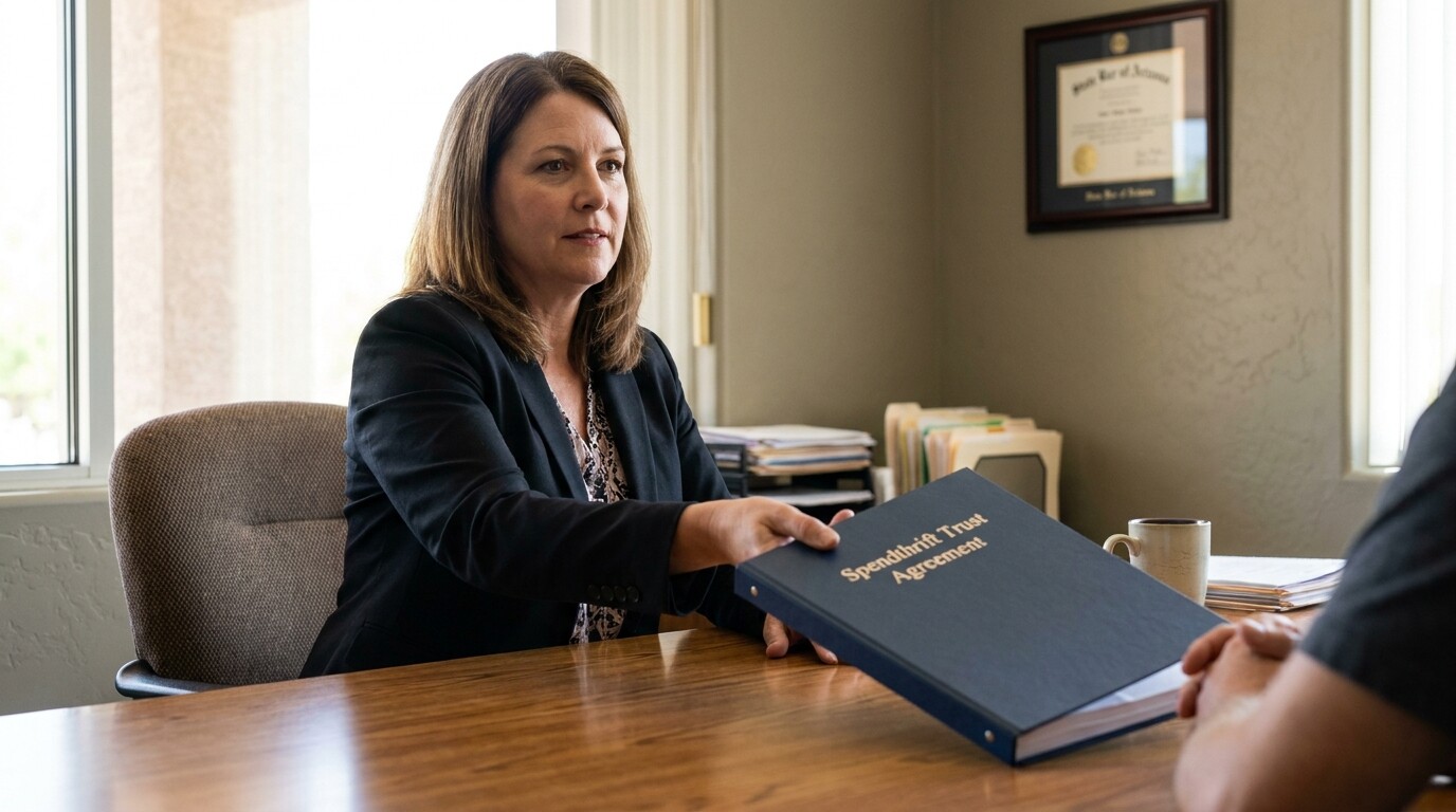 attorney presenting Spendthrift Trust Agreement binder to client across office desk