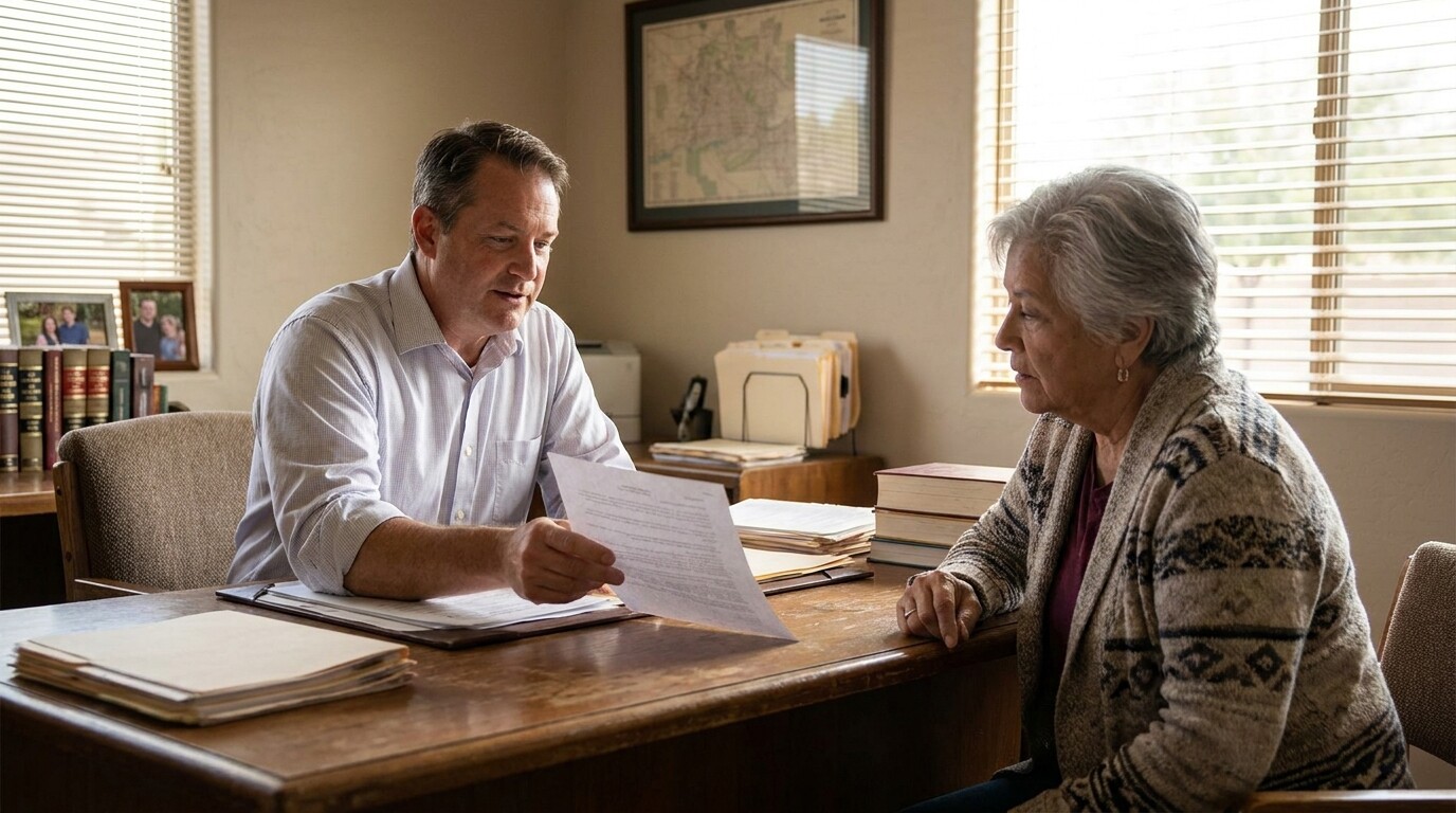 attorney holding document explaining legal paperwork to elderly female client across desk