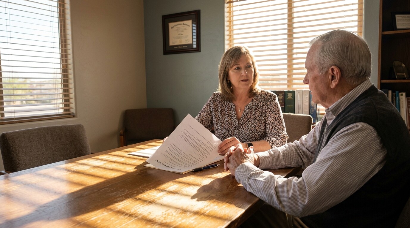attorney reviewing last will and testament document with elderly client at office table