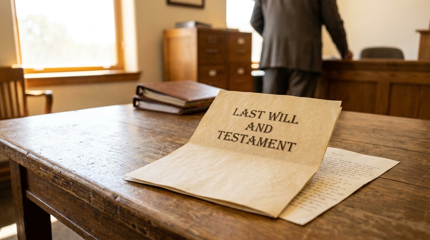 Last Will and Testament document on wooden desk with attorney standing nearby