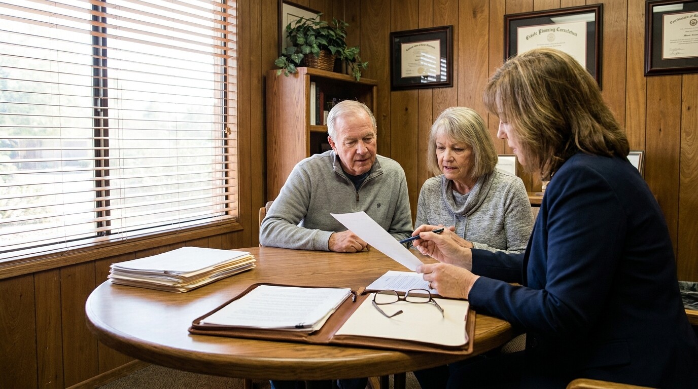 attorney reviewing legal documents with elderly couple at office conference table
