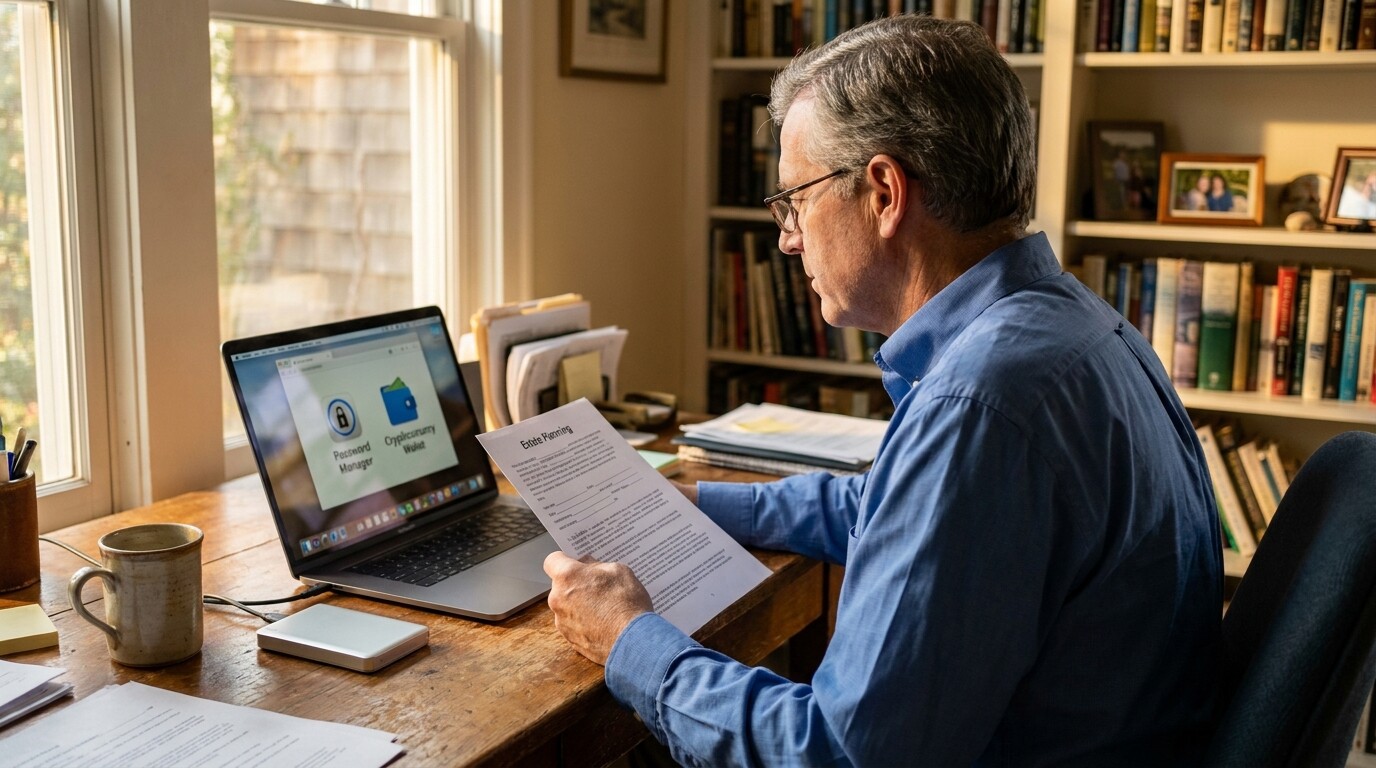 man reviewing estate planning document beside laptop showing password manager and cryptocurrency wallet icons