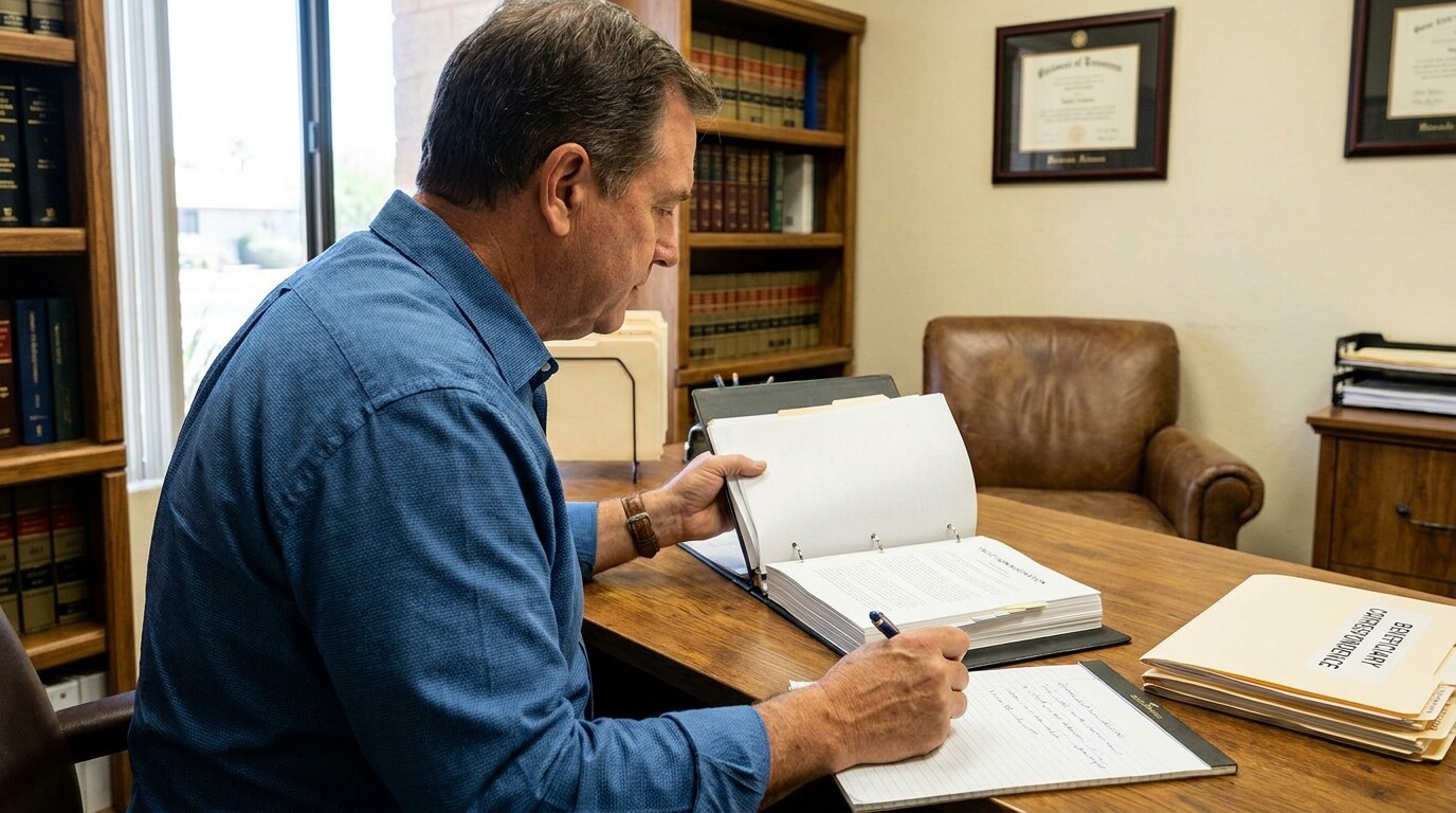 attorney reviewing binder and beneficiary correspondence evidence at office desk