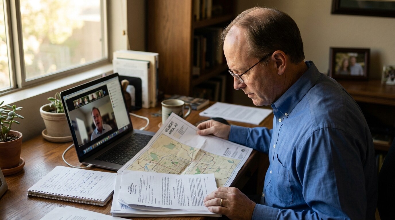 man reviewing Gilbert area map and legal documents during video call at desk