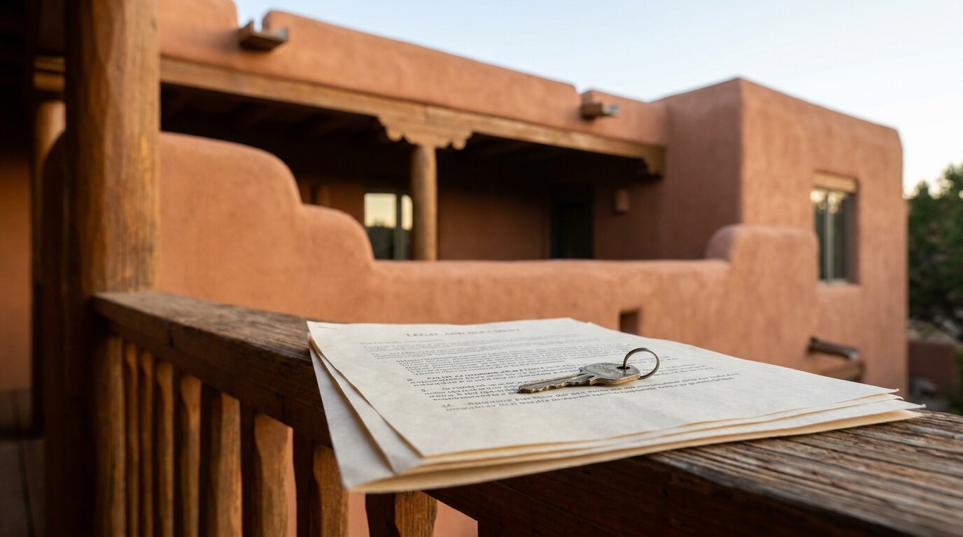 legal document and house key resting on wooden railing outside adobe property