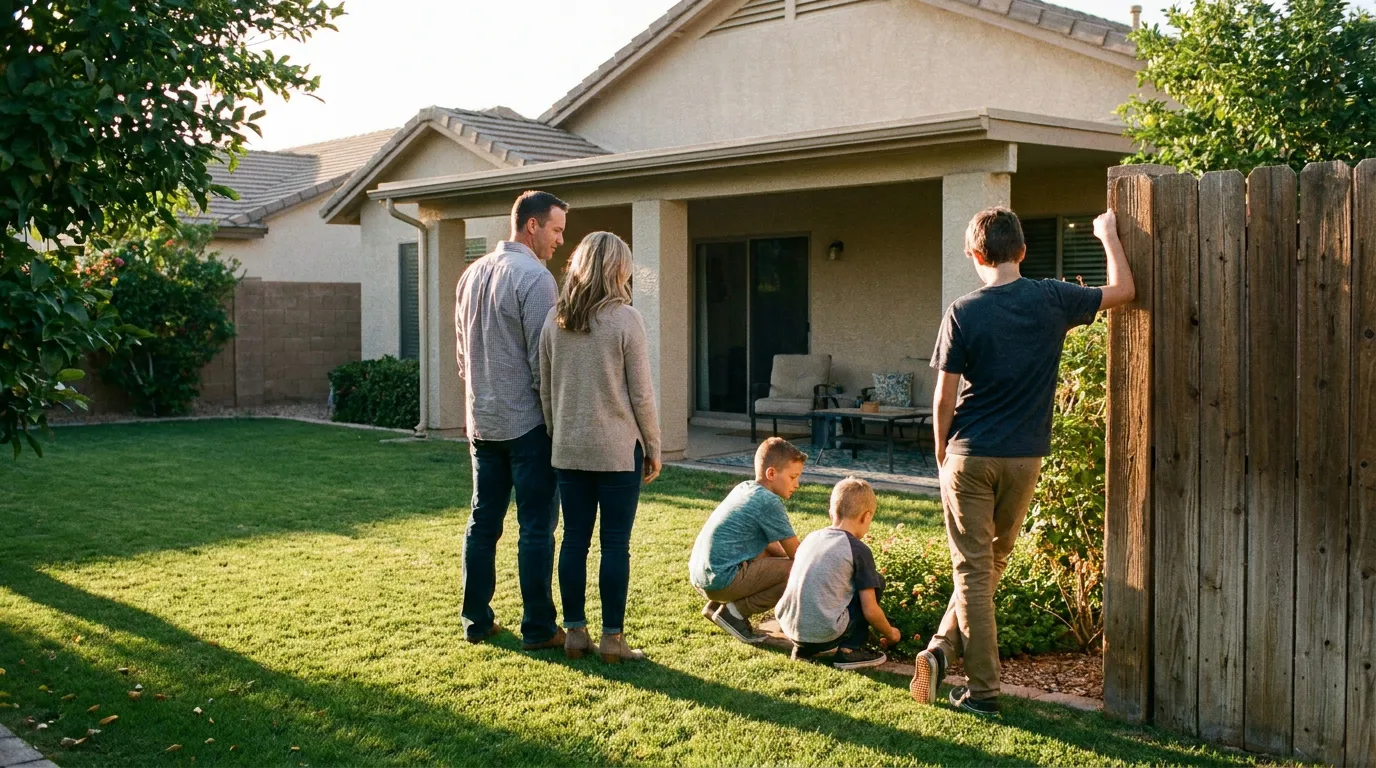 family of five standing in residential backyard near wooden fence and house