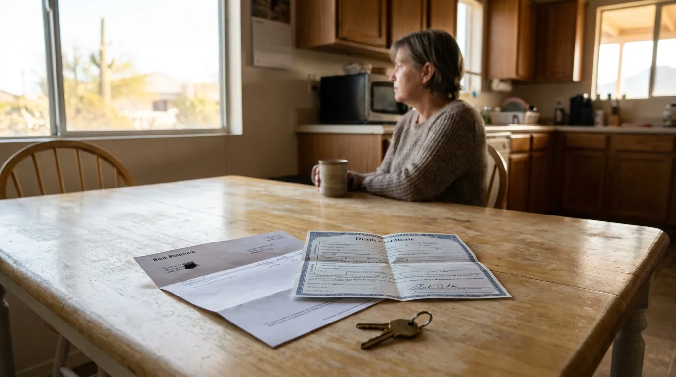 woman seated at kitchen table with death certificate, bank statement, and keys