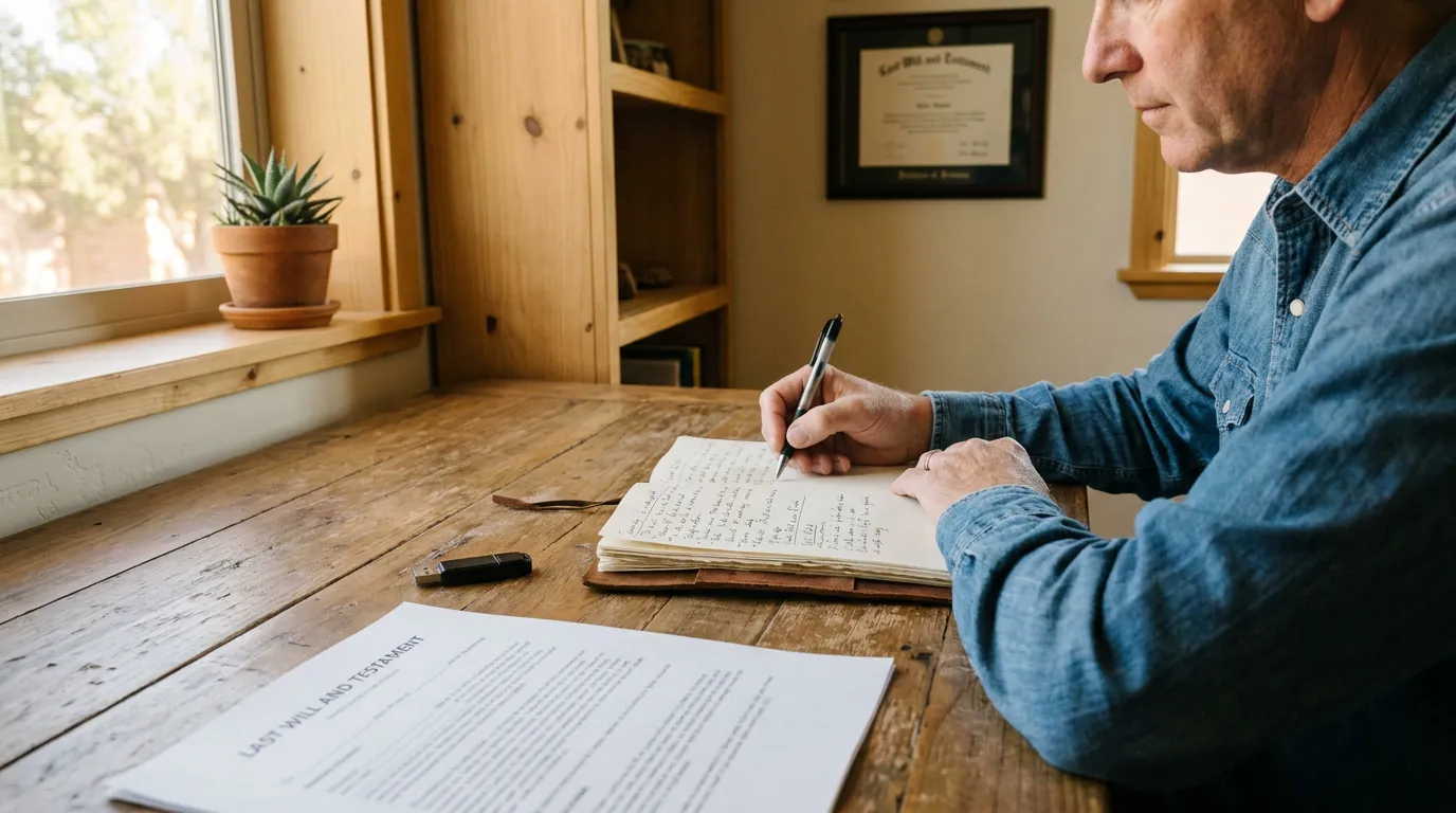 man writing in notebook beside Last Will and Testament document on wooden desk