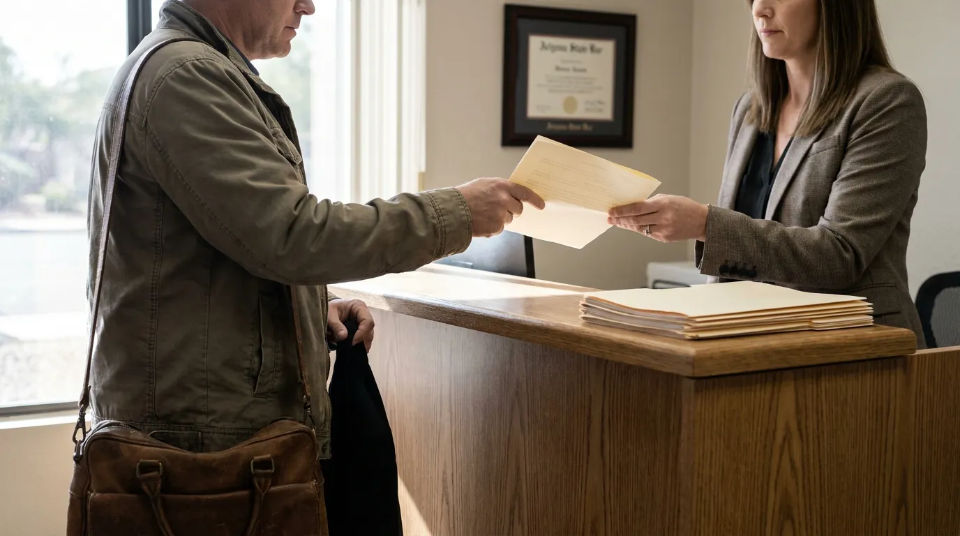 man handing envelope to professional at law office reception desk with framed certificate
