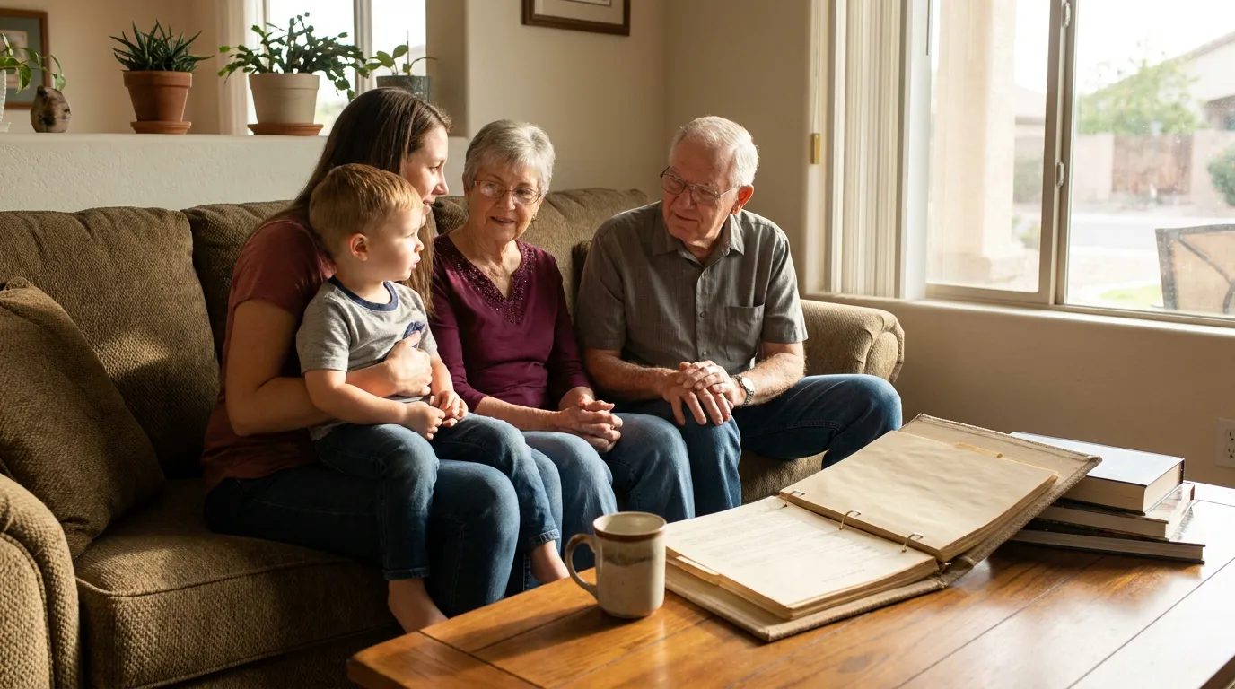 multigenerational family seated on sofa reviewing open binder on coffee table