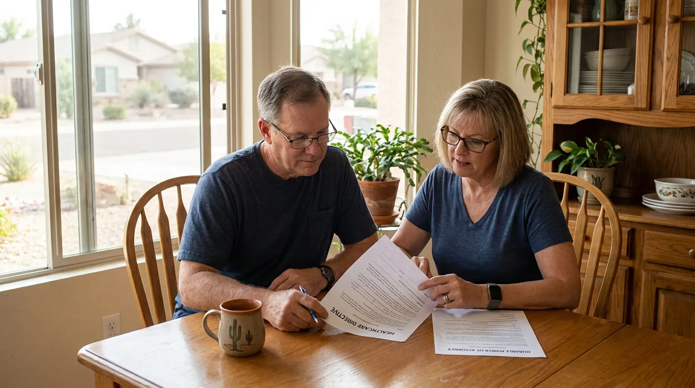 couple reviewing Healthcare Directive and Durable Power of Attorney documents at home