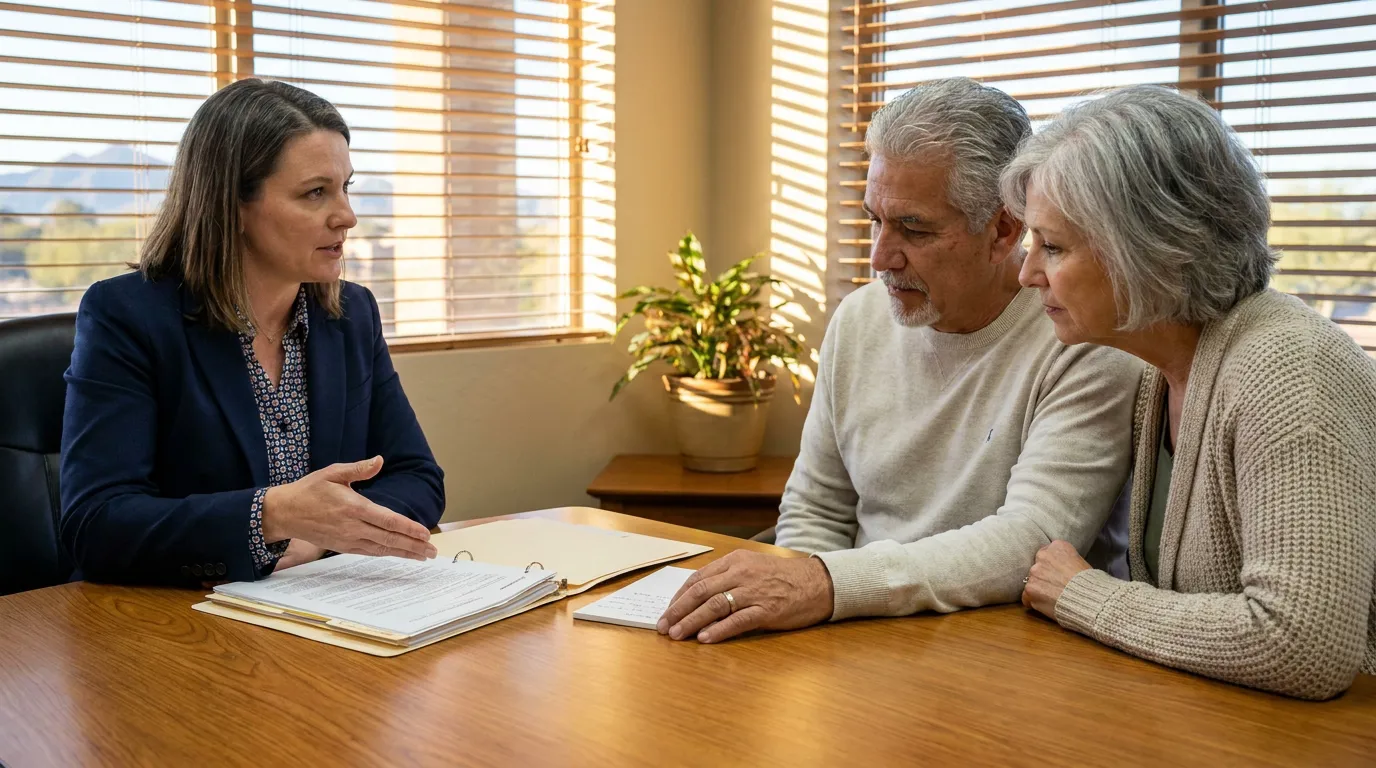 attorney in blazer consulting with older couple over open binder and legal documents