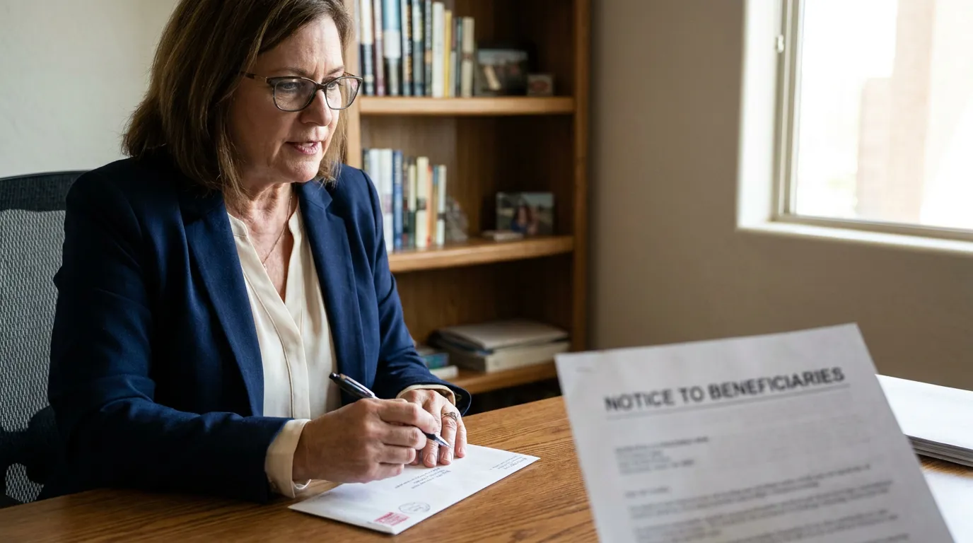 attorney reviewing Notice to Beneficiaries document at office desk with pen