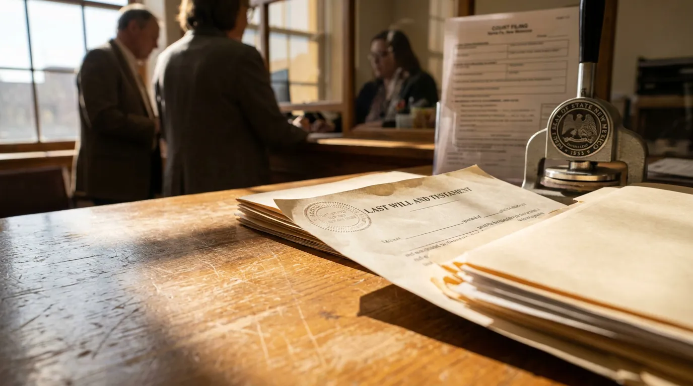 Last Will and Testament document on courthouse counter beside New Mexico state seal embosser
