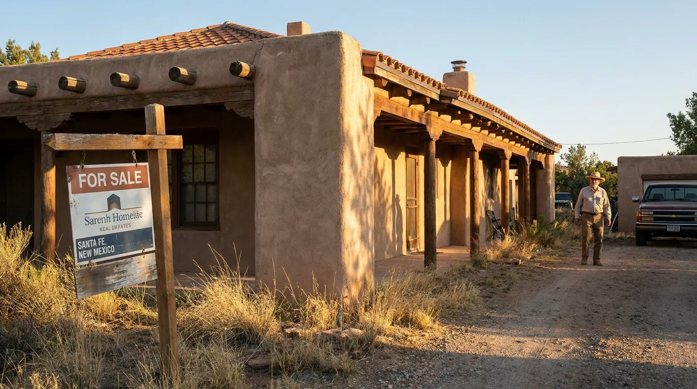 For Sale sign outside adobe-style property listed in Santa Fe, New Mexico