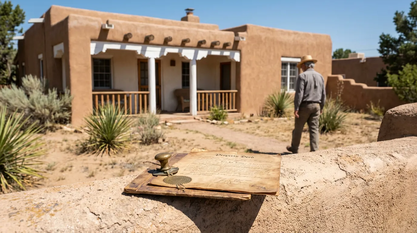 Property Deed document with notary seal resting outside adobe home