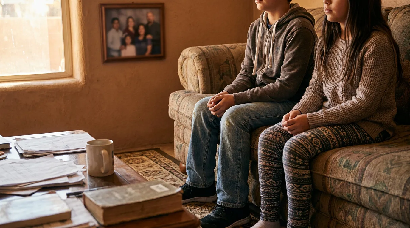 two children seated on sofa beside coffee table scattered with documents and papers