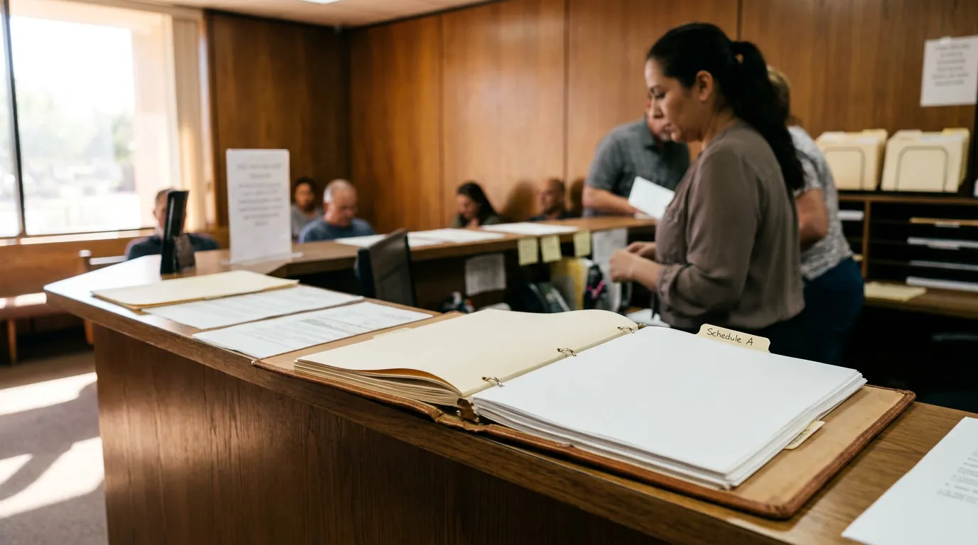 open binder labeled Schedule A on courthouse counter with people reviewing documents
