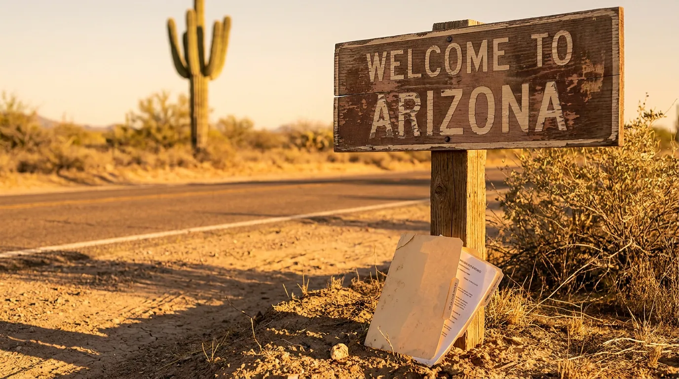 Welcome to Arizona roadside wooden sign with legal documents leaning against post