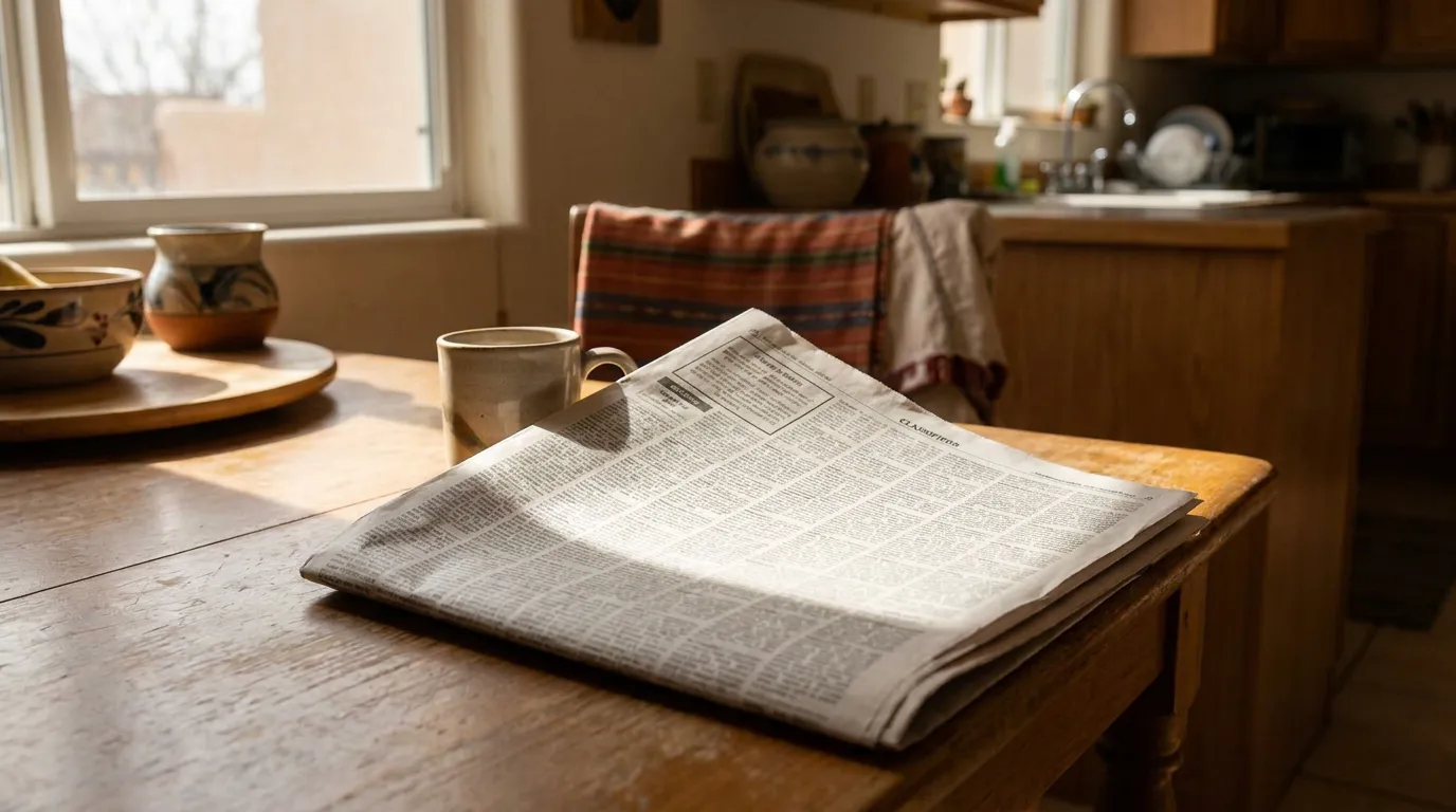 folded newspaper resting on wooden kitchen table beside ceramic mug