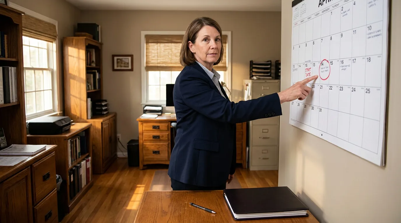 attorney pointing to circled start date on April wall calendar in law office