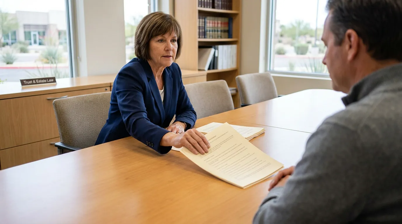 Trust and Estate Law attorney presenting legal documents to client across conference table