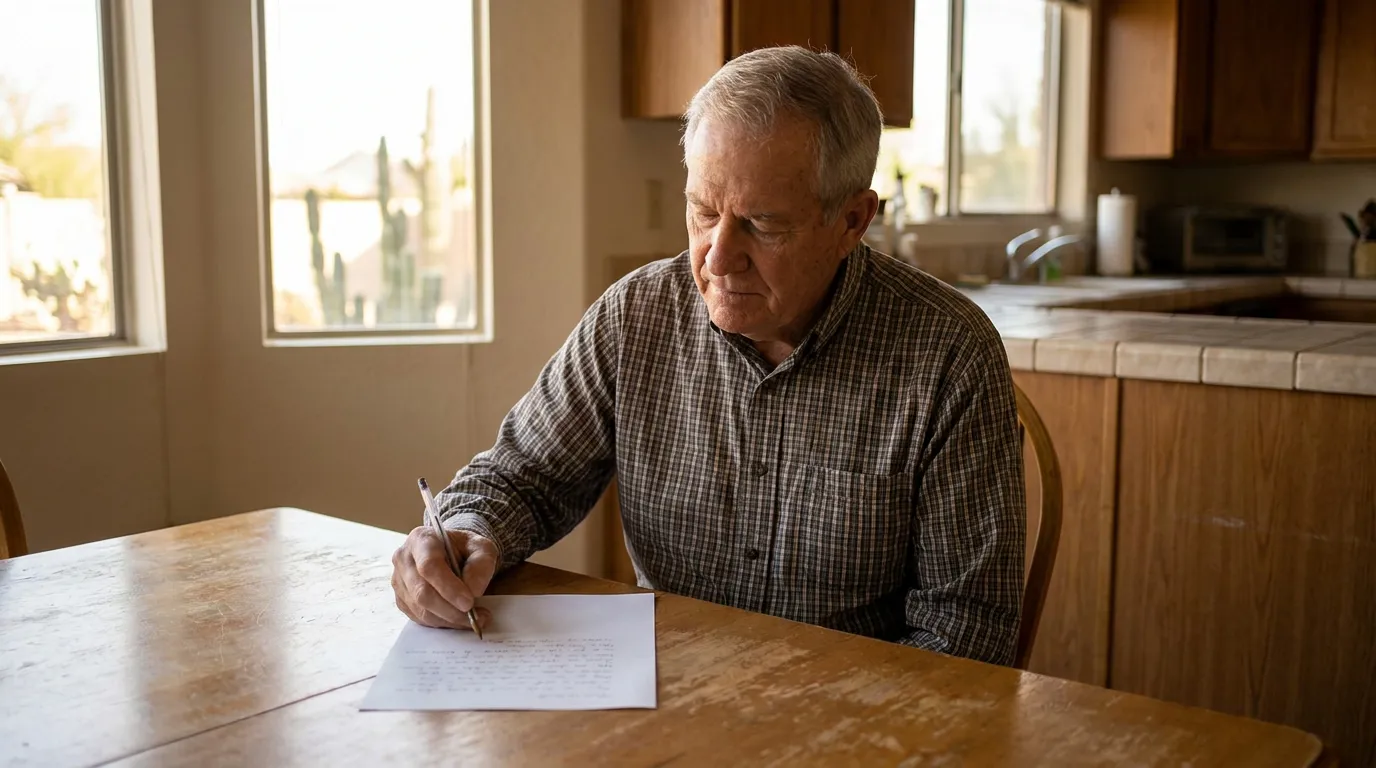 elderly man writing on paper document at kitchen table with pencil