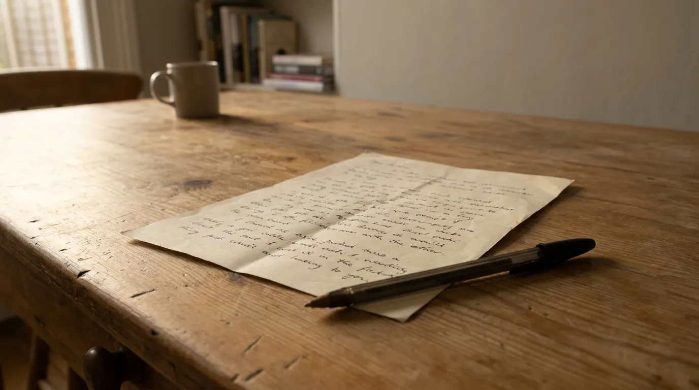handwritten letter and pen resting on wooden table near coffee mug