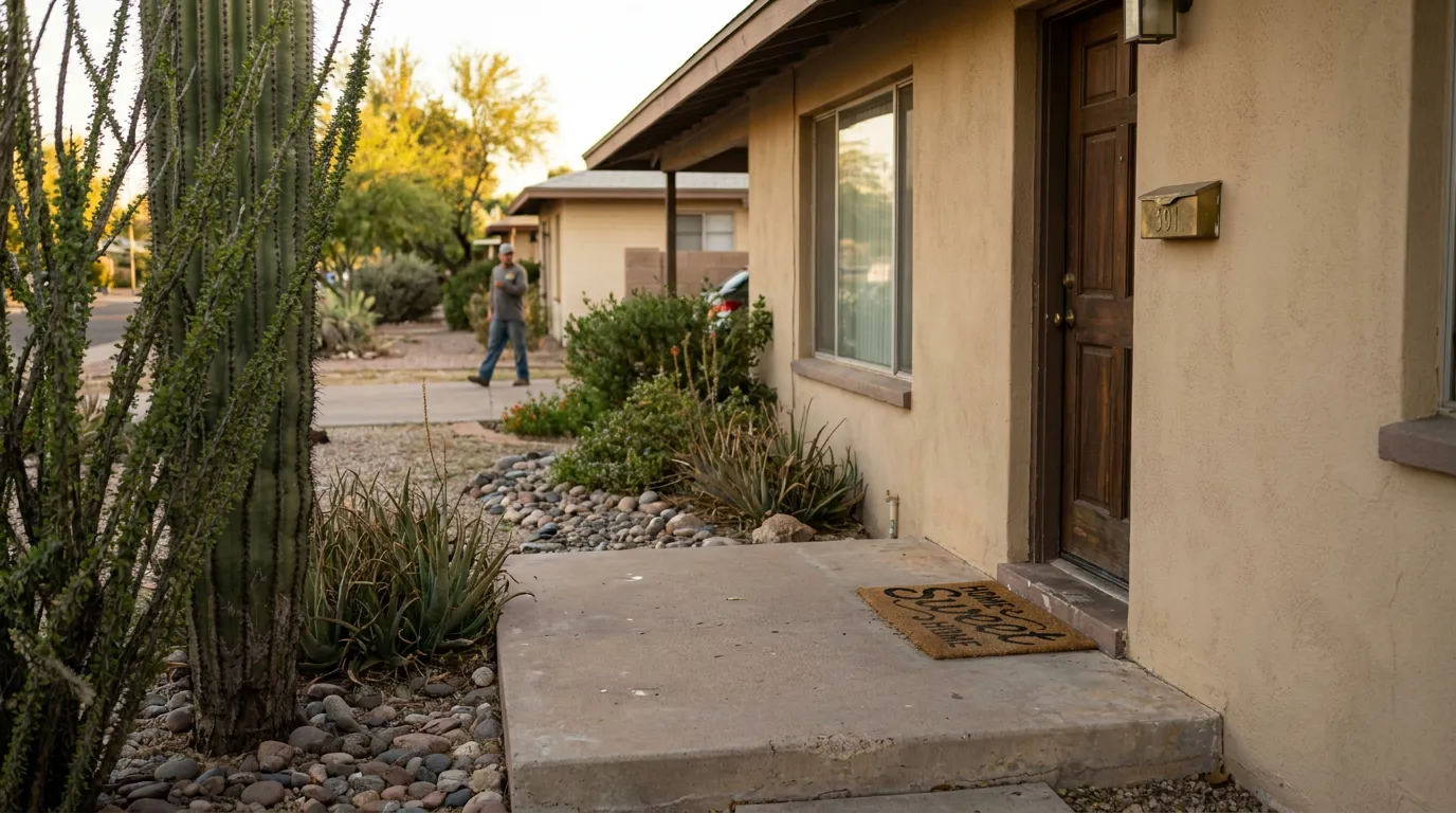 residential home entrance with doormat cactus landscaping and person walking nearby