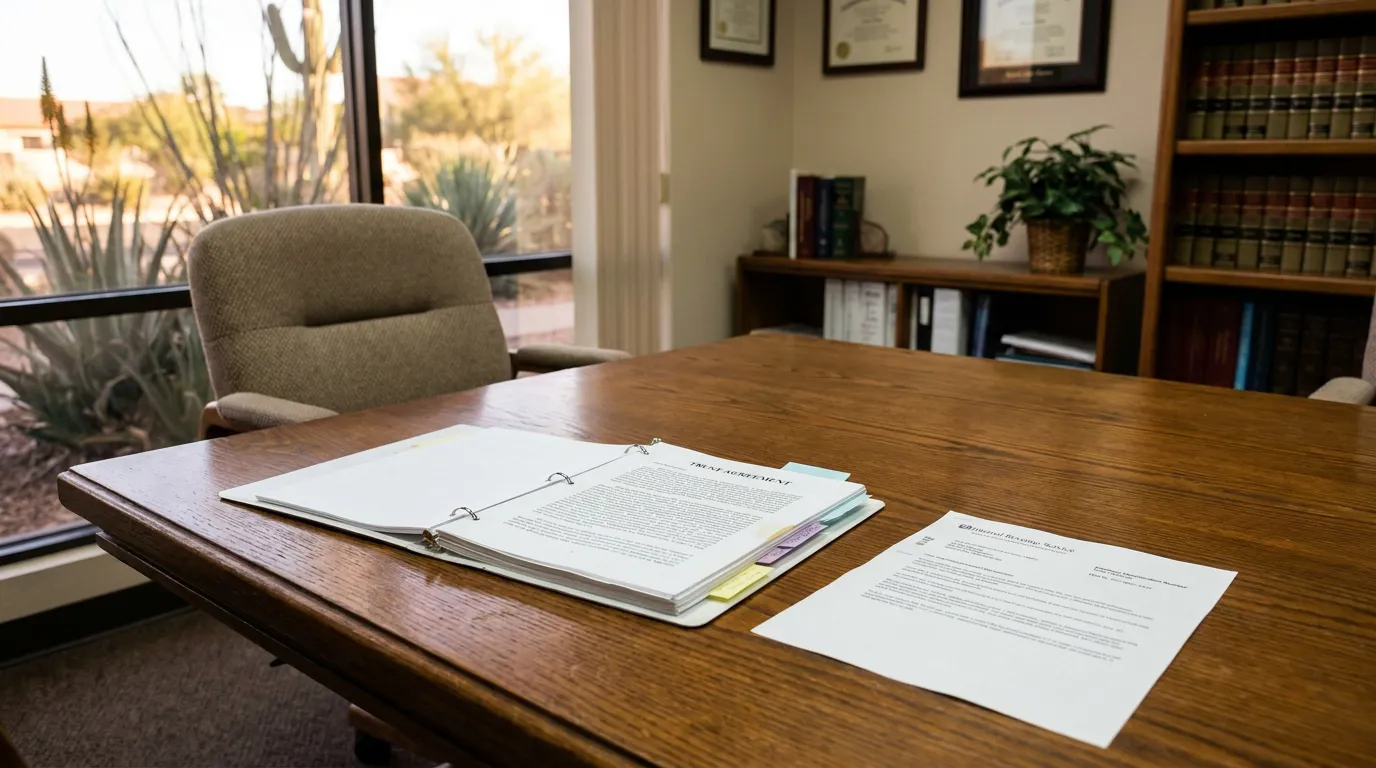 open binder labeled Trust Agreement on law office desk with legal books