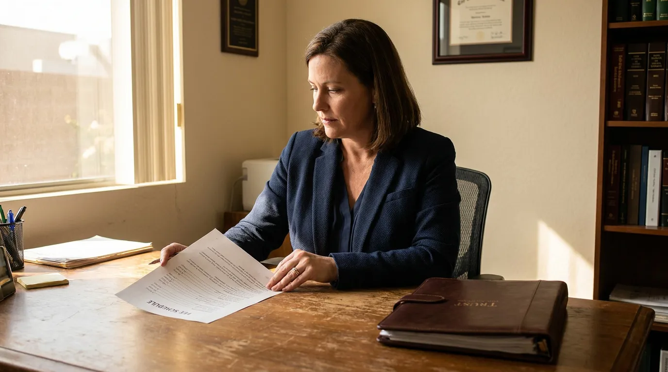 female attorney reviewing fee schedule document beside Trust binder in law office
