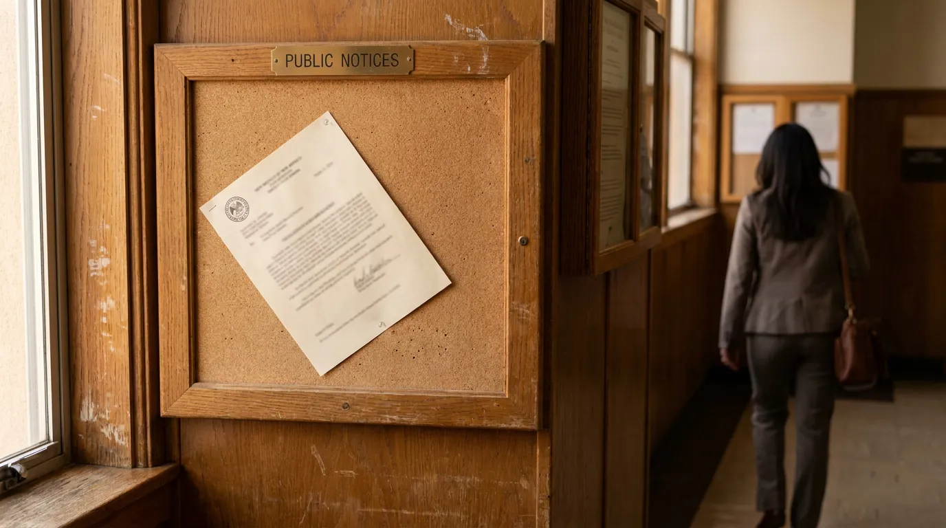 Public Notices corkboard with posted official document in government building hallway