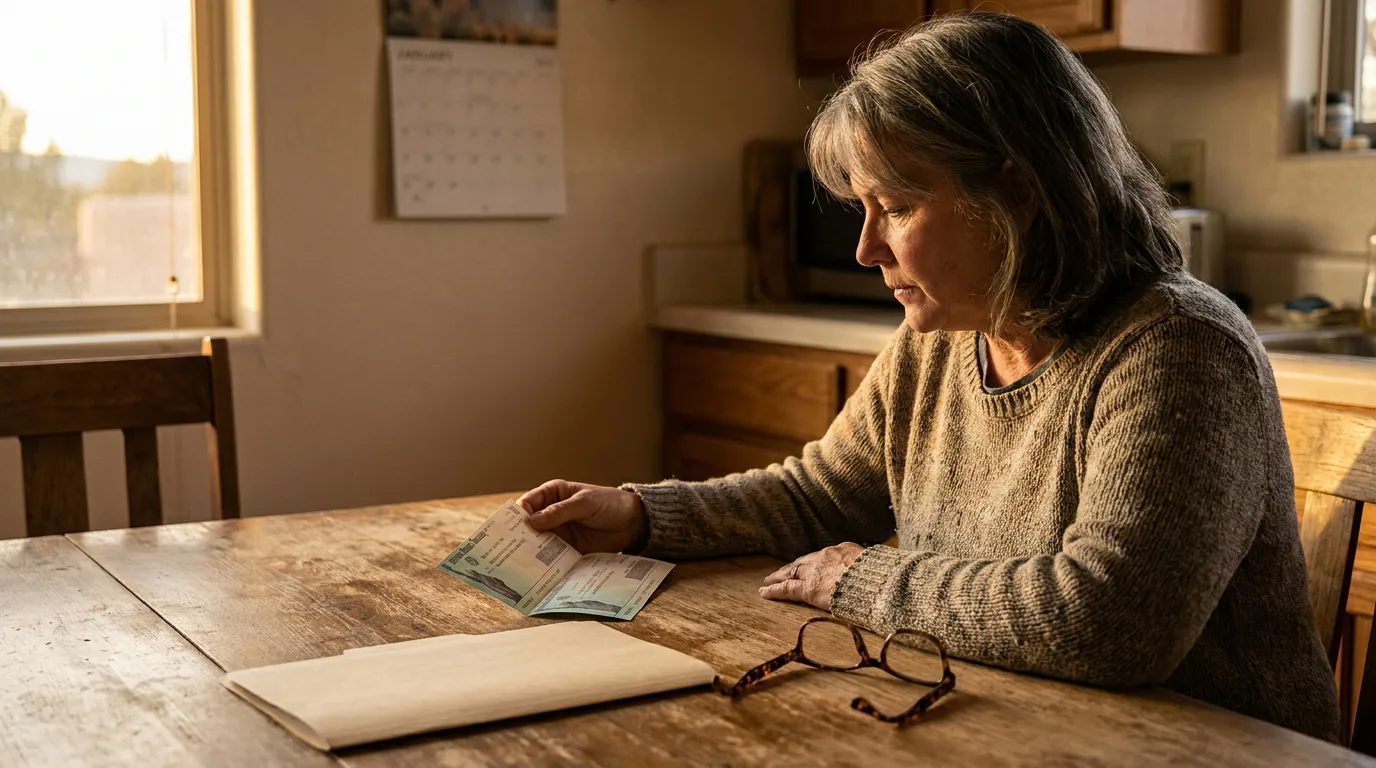 older woman seated at kitchen table reviewing check with open notebook and glasses nearby