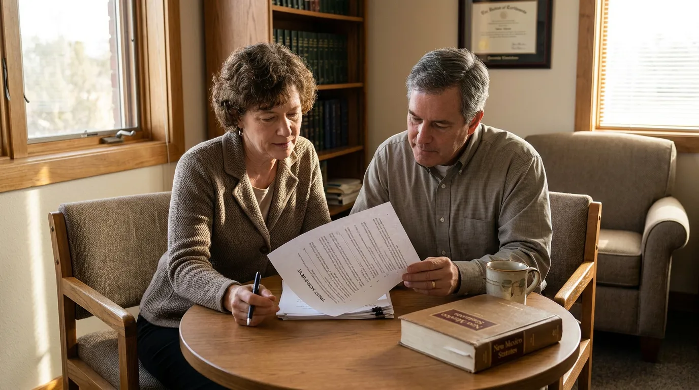 two people reviewing trust document beside New Mexico Statutes book in law office