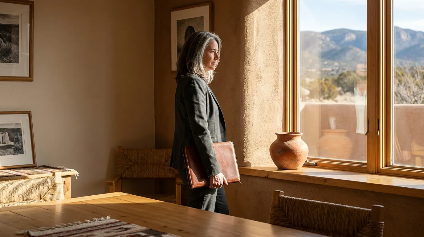 professional woman in blazer holding leather portfolio gazing out large window