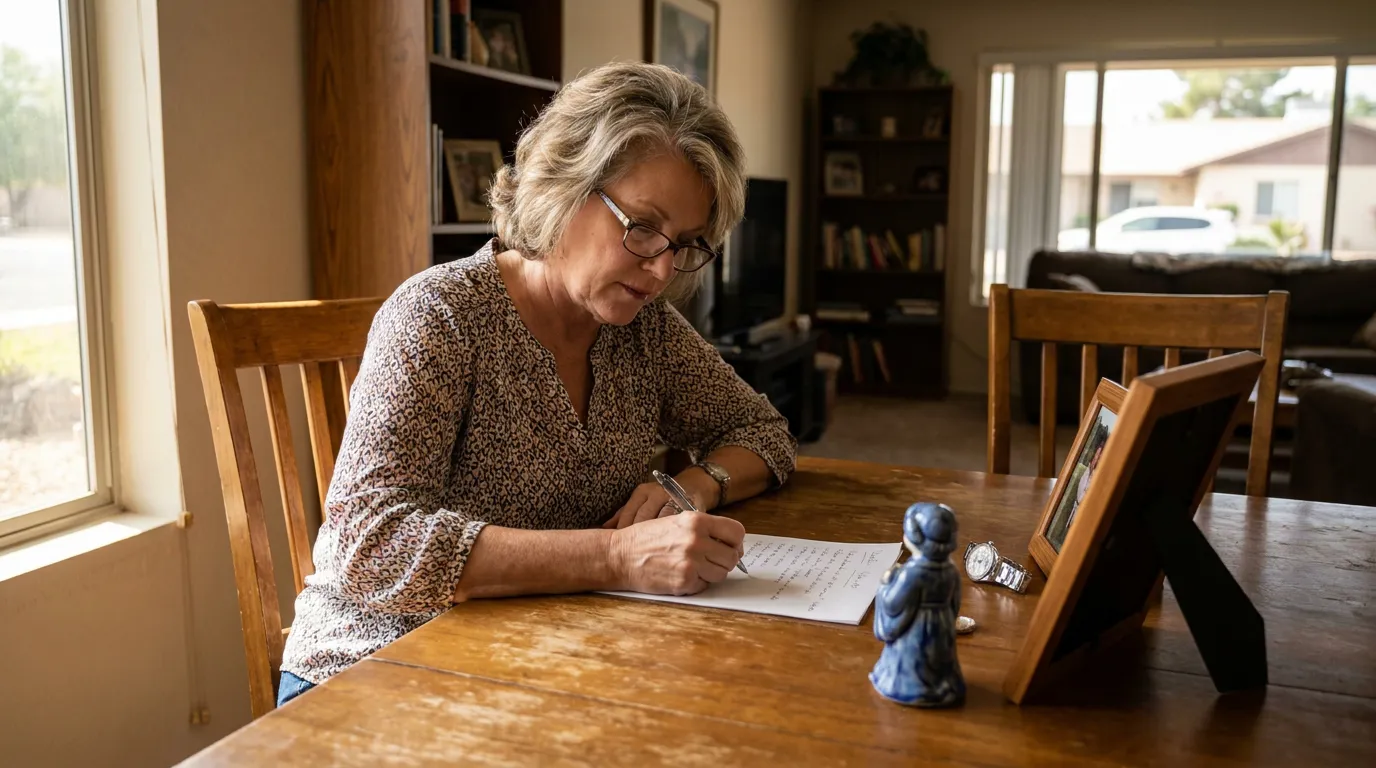 older woman wearing glasses writing on paper at home dining table