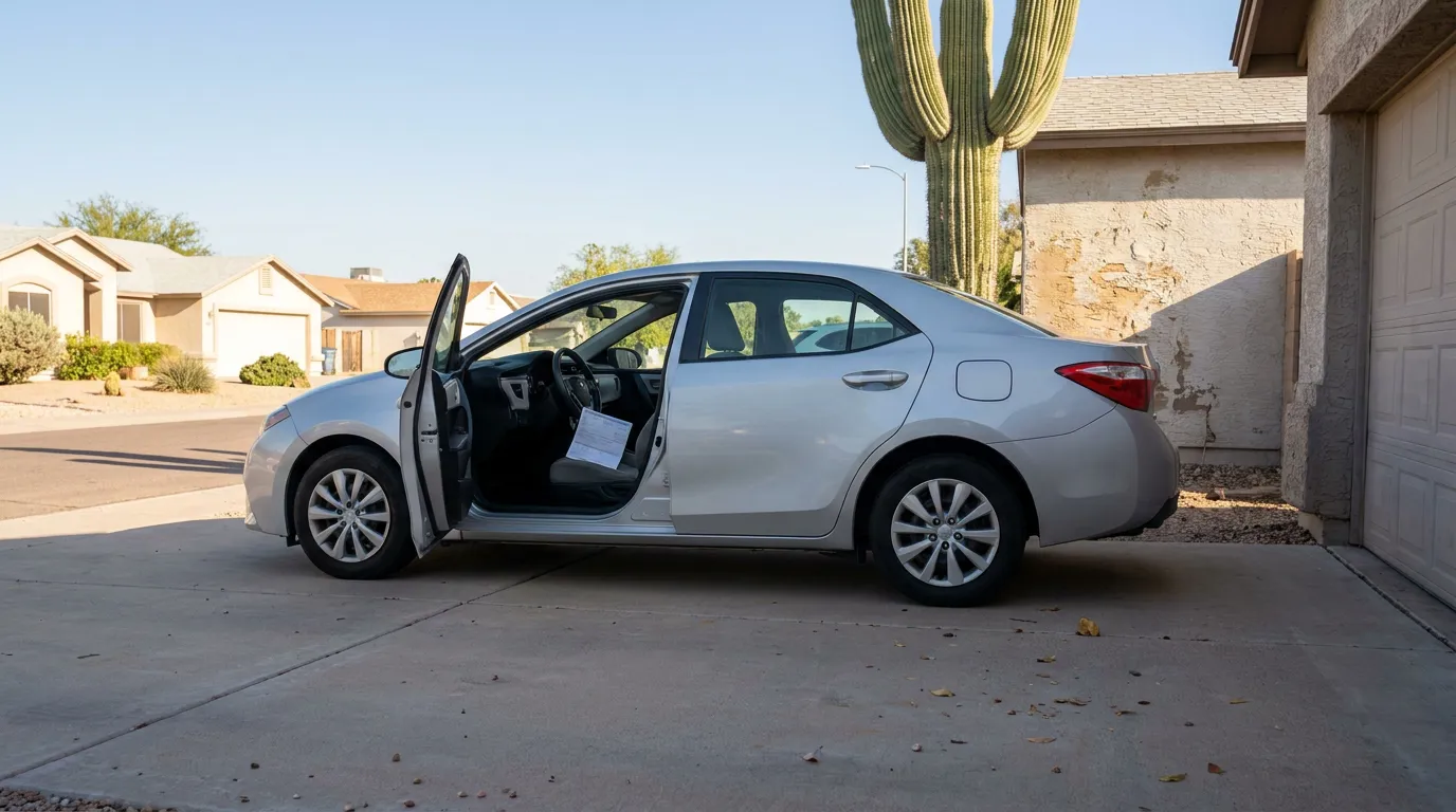 sedan parked in driveway with driver door open and document visible on seat