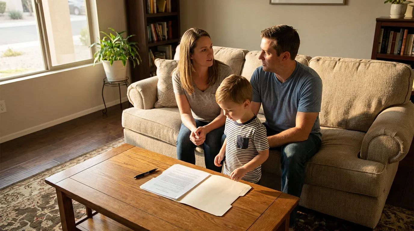two adults and young child seated on sofa reviewing legal documents on coffee table