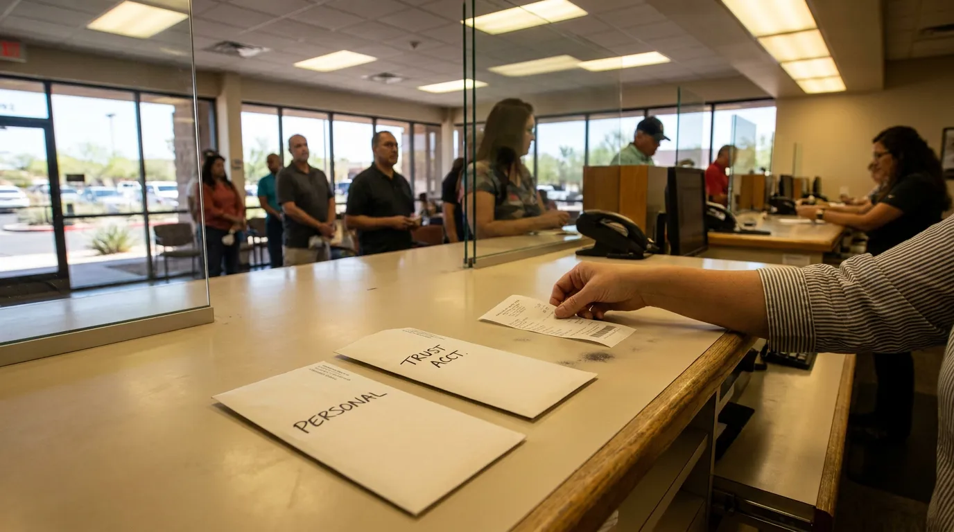 bank teller counter with envelopes labeled Personal and Trust Acct