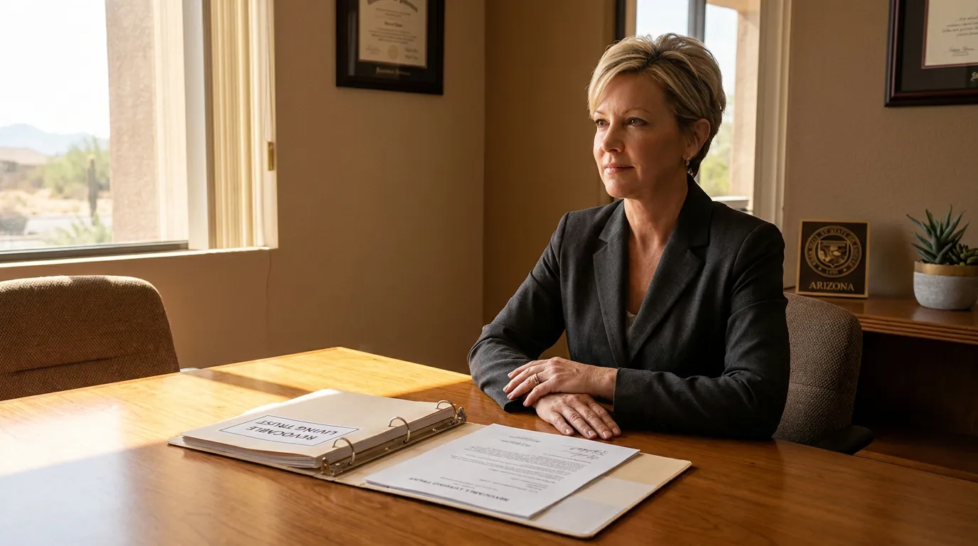 Female attorney seated at desk with Revocable Living Trust binder and legal documents