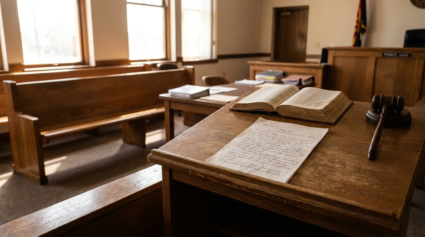 empty courtroom with gavel, open book, and handwritten document on wooden desk