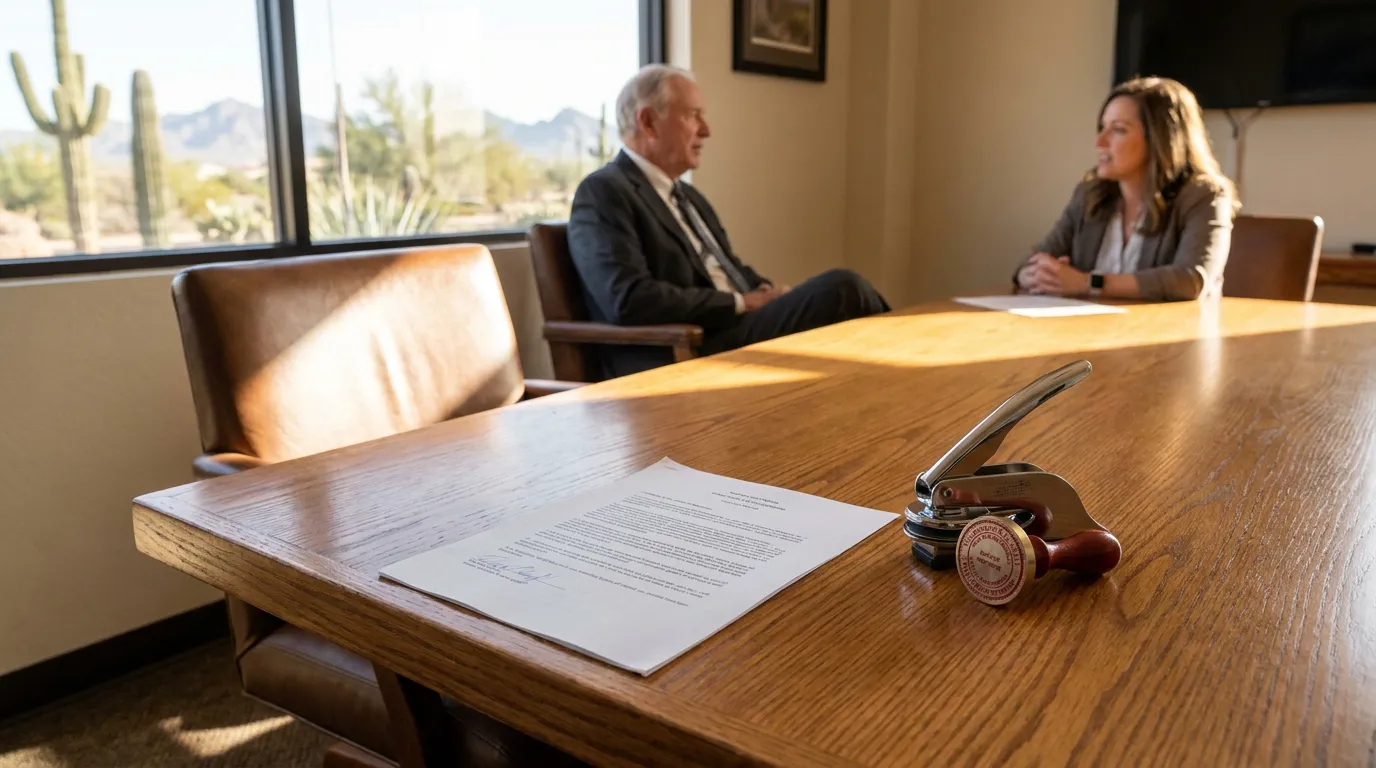 notary seal stamp and signed legal document on conference table during attorney meeting