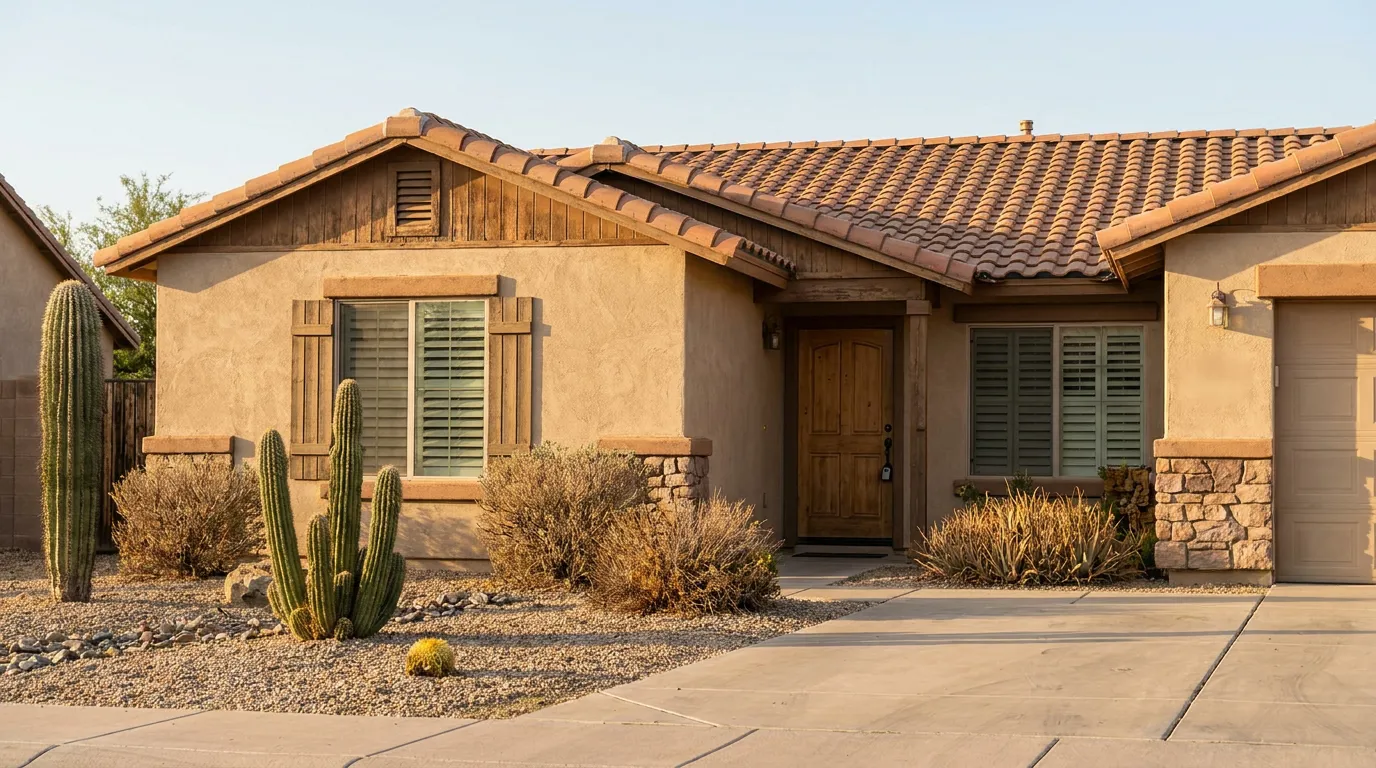 Southwest-style stucco home with tile roof, wooden door, cacti, and desert landscaping